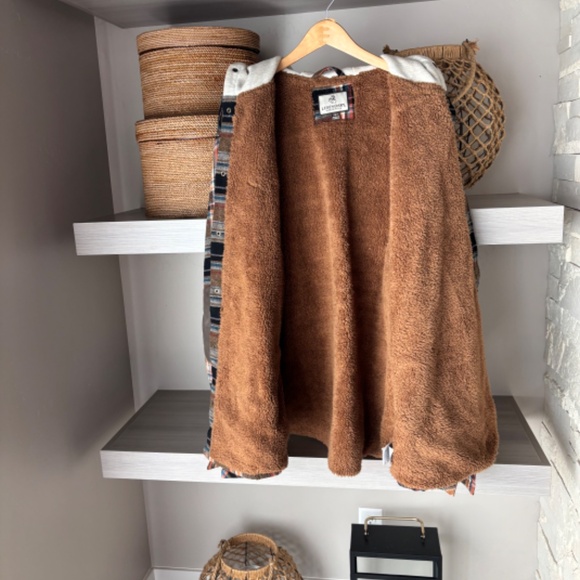 Plaid Button DownJacket Hoodie Sherpa Lining - Brown/Blue/Orange - Picture 8 of 8